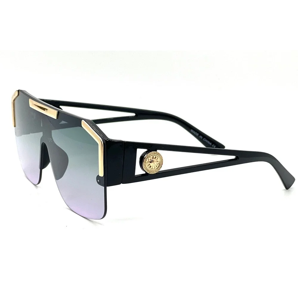 Mens Oversized Shield Sunglasses Black Gold Flat Top Gradient Lens Bold Chic New
